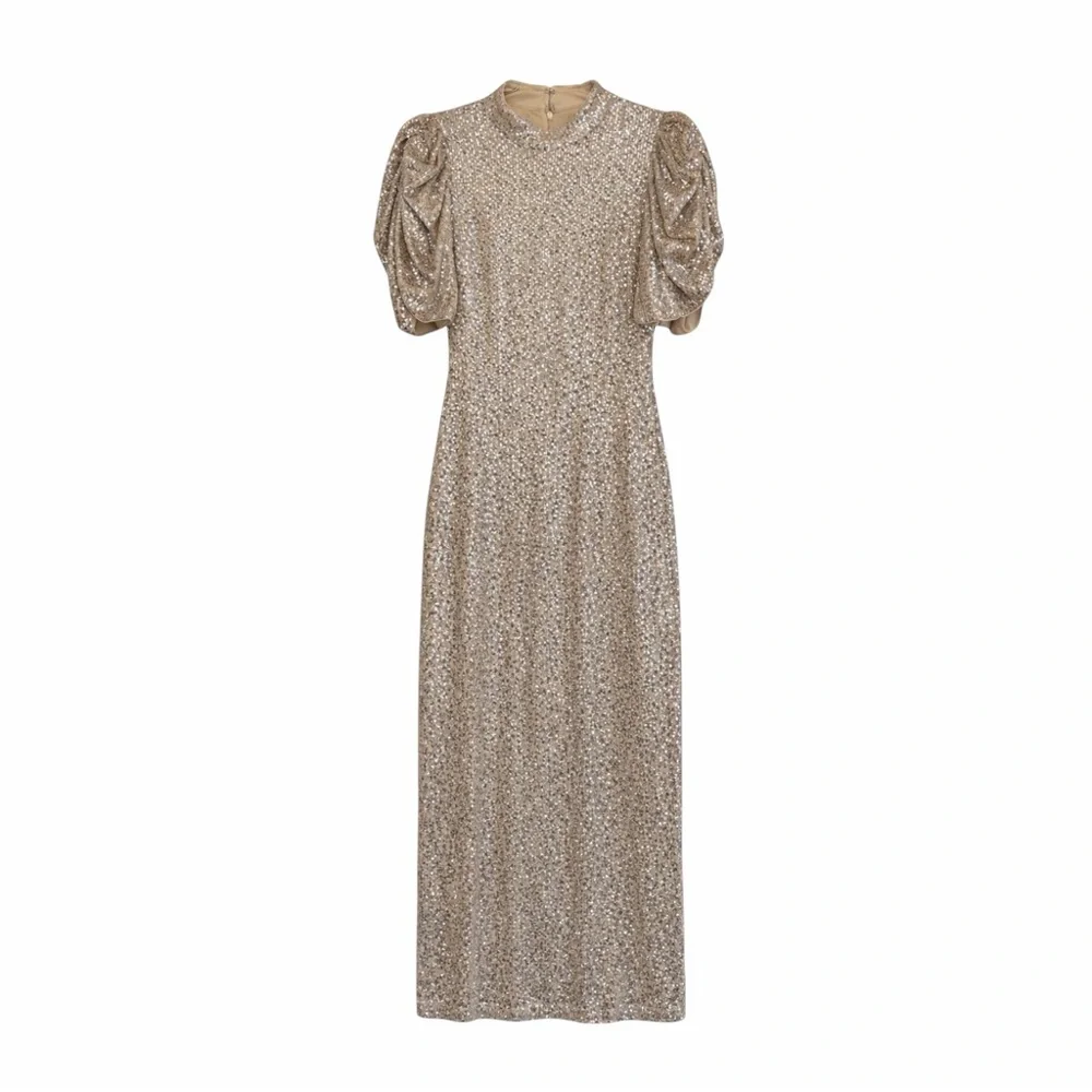 H&M Gold Sequin Midi Dress XS Stretch Puff Sleeve Party Cocktail Glam - Picture 2 of 12